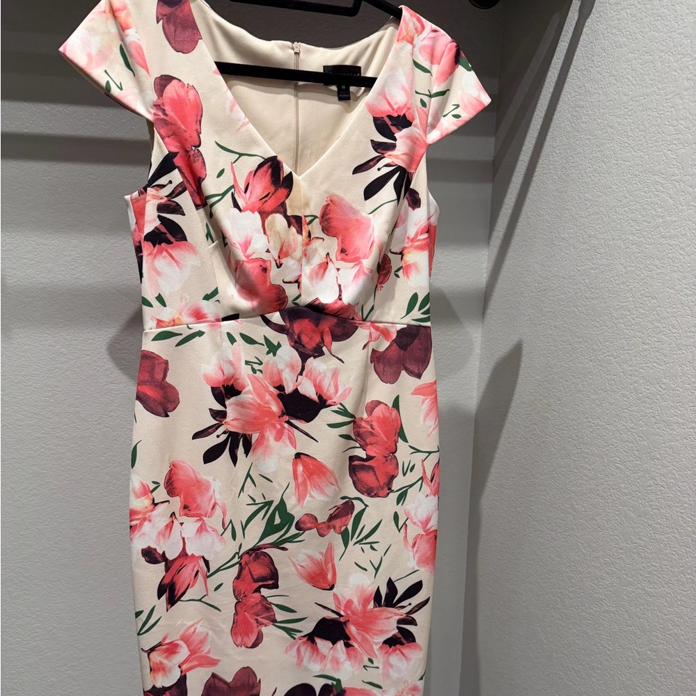 Connected Apparel Pink and Red Floral Midi Dress